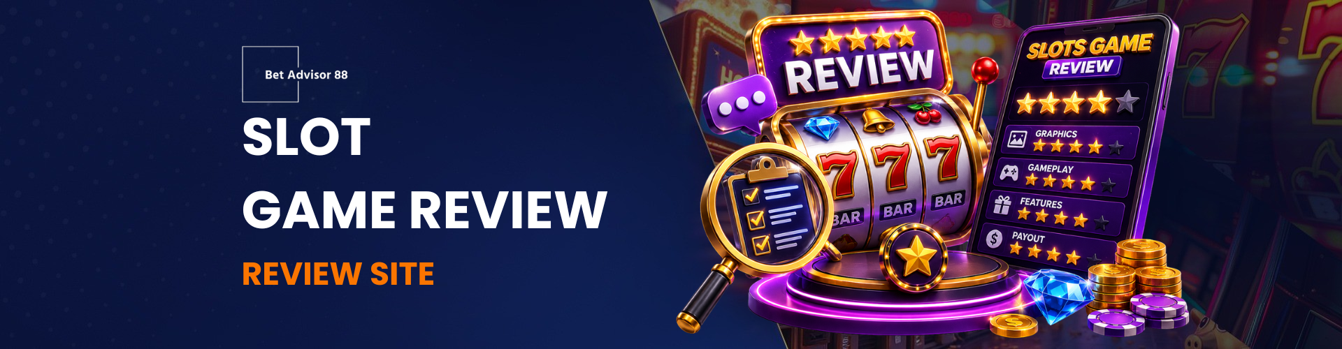 Slot Game Review featuring a 3D slot machine, star ratings, review checklist, casino chips and game evaluation elements.