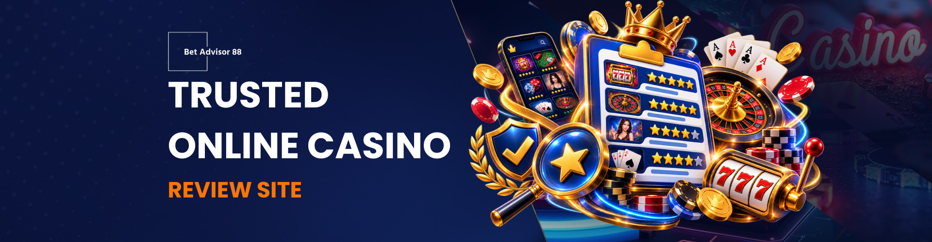 Trusted online casino review site featuring casino ratings, slot games, roulette, playing cards and review verification icons.